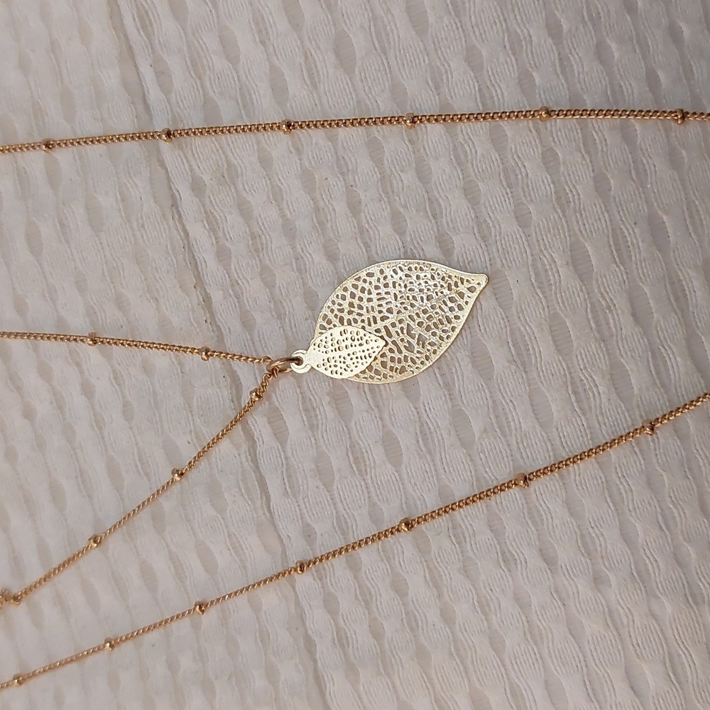 Trendy Chic Delicate Double Leaf Skeleton Pendant… - image 4